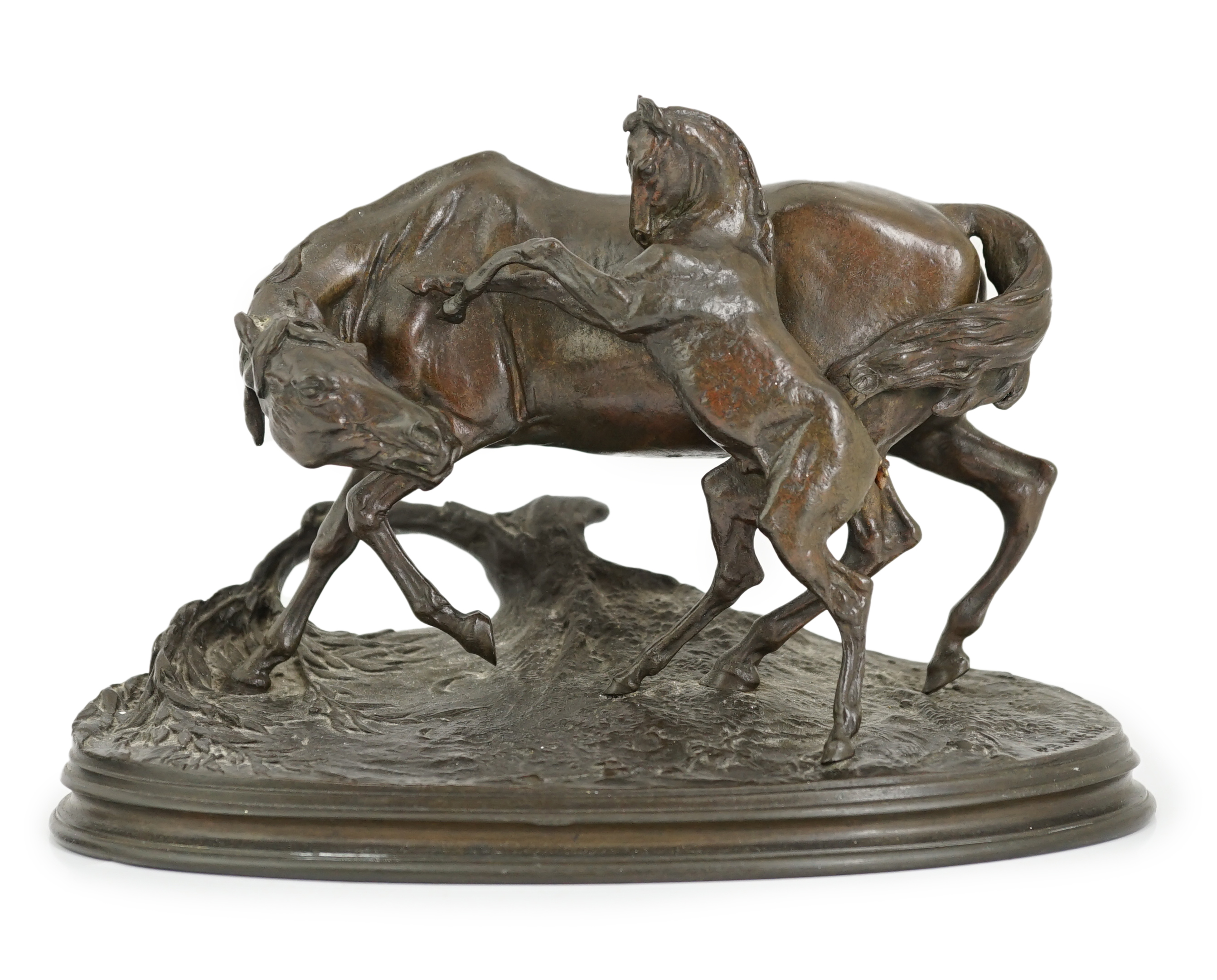 Pierre-Jules Mêne (French, 1810-1871), a 19th century French bronze group 'Jument Et Son Poulain', 26.5cm wide, 12.5cm deep, 17cm high